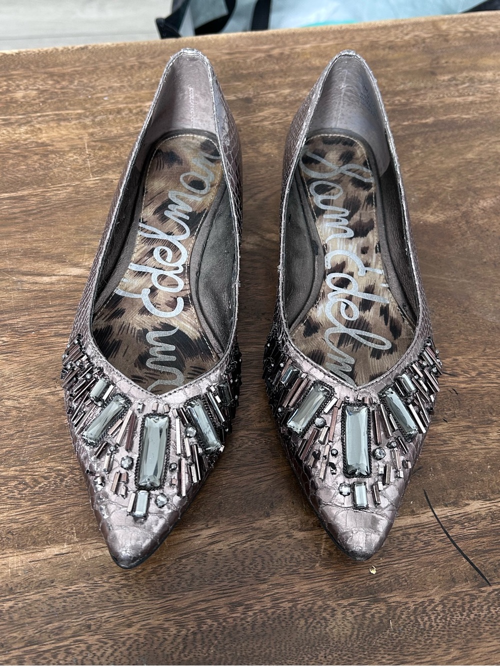 Sam Edelman Capper Metallic Pewter Snake Leather Jeweled Pointed Toe Flats